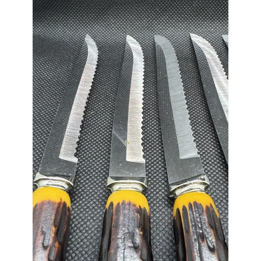 Vintage Forgecraft USA Steak Knives Set of 6 Faux Stag Drip Handle Stainless